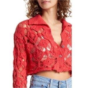 Free People Sedona Cardigan Sweater Top Guava Berry size small lace boho retro